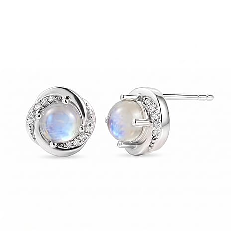 D'Joy - Rainbow Moonstone & White Zircon Earring with Push Post in Rhodium Overlay Sterling Silver 2.00 Ct.