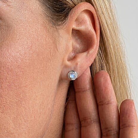 D'Joy - Rainbow Moonstone & White Zircon Earring with Push Post in Rhodium Overlay Sterling Silver 2.00 Ct.