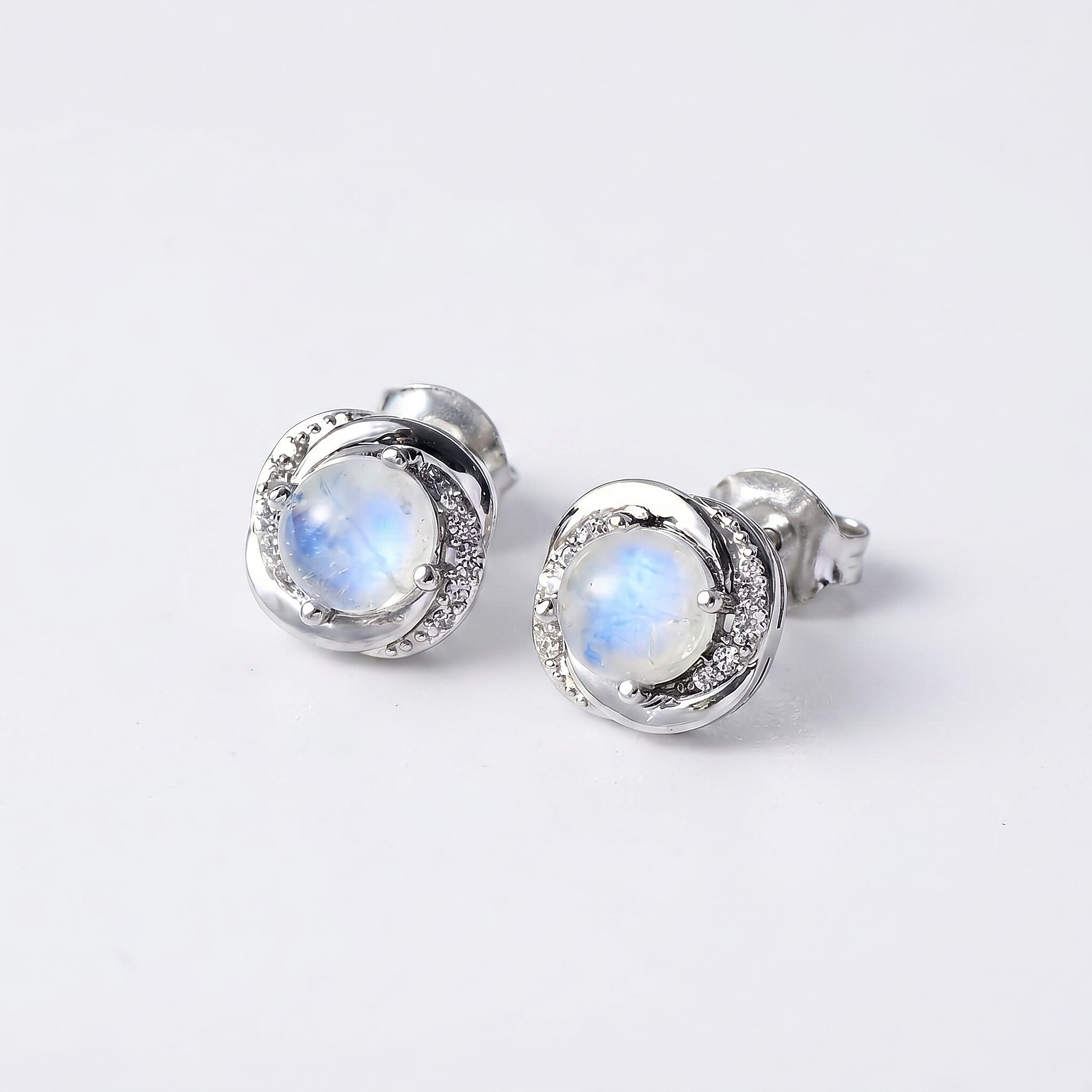 D'Joy - Rainbow Moonstone & White Zircon Earring with Push Post in Rhodium Overlay Sterling Silver 2.00 Ct.