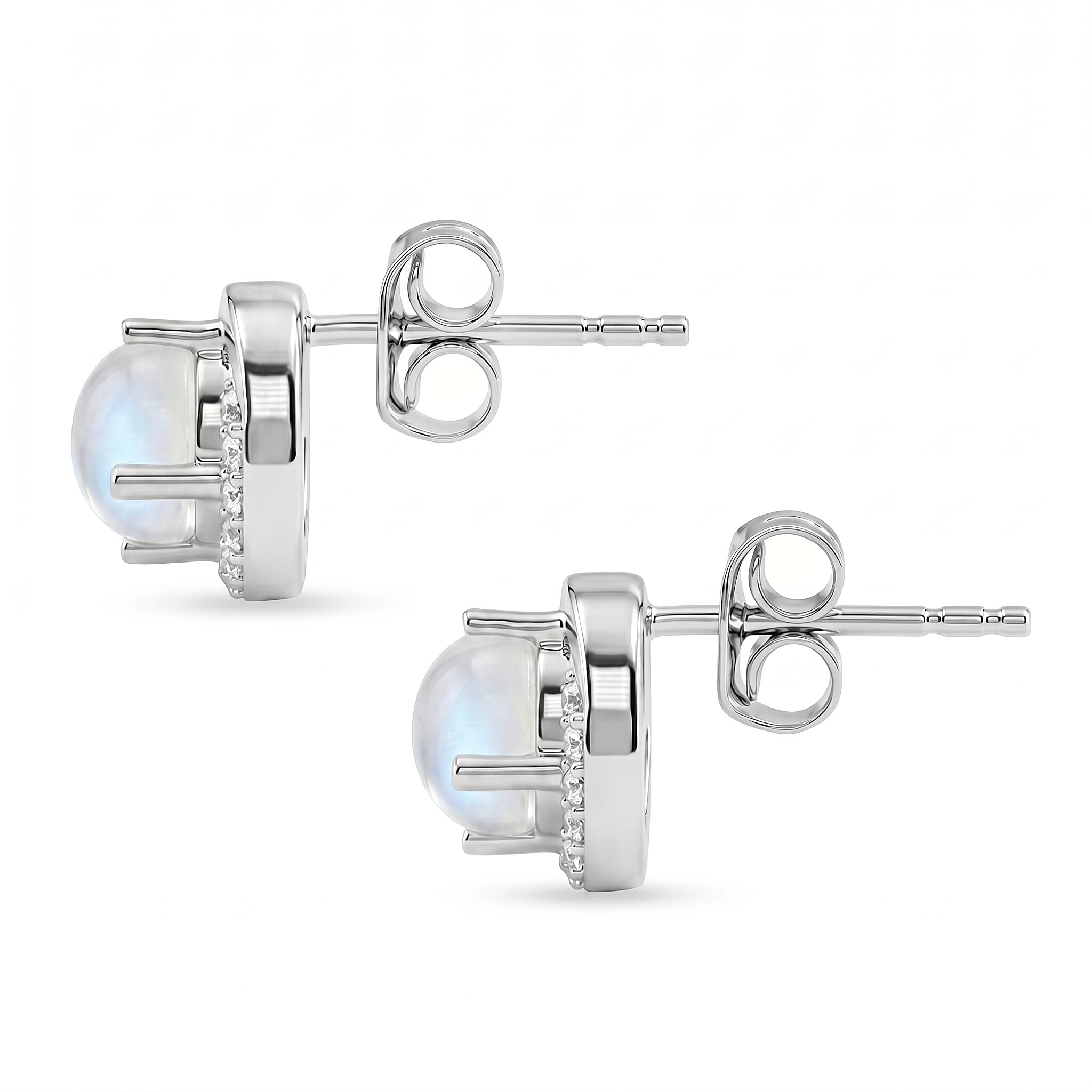 D'Joy - Rainbow Moonstone & White Zircon Earring with Push Post in Rhodium Overlay Sterling Silver 2.00 Ct.