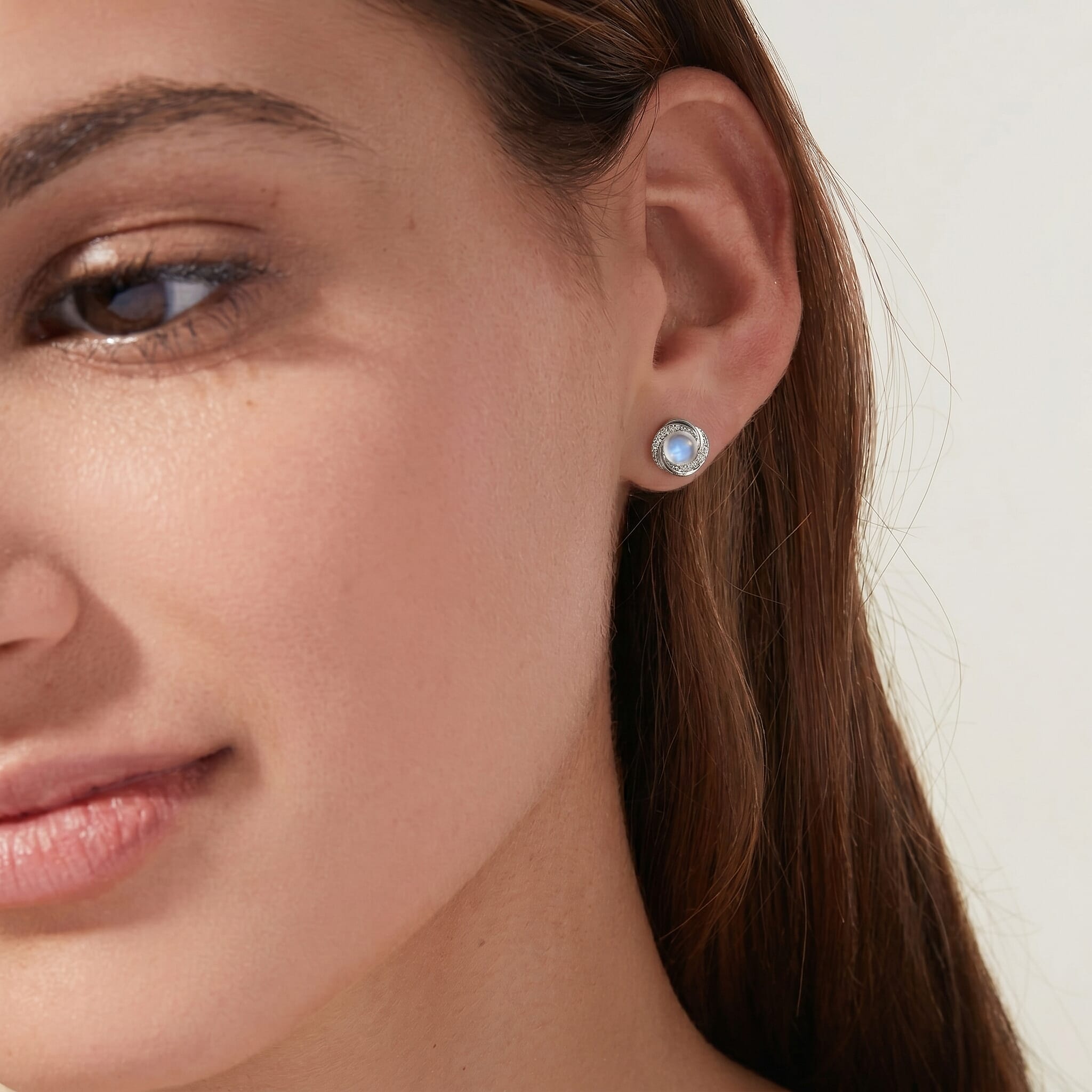 D'Joy - Rainbow Moonstone & White Zircon Earring with Push Post in Rhodium Overlay Sterling Silver 2.00 Ct.