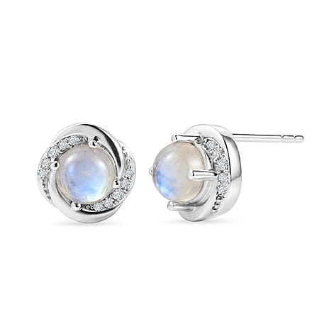 D'Joy Rainbow Moonstone, White Zircon Main Stone With Side Stone Earring in Rhodium OverlaySterling Silver  2.204  Ct.