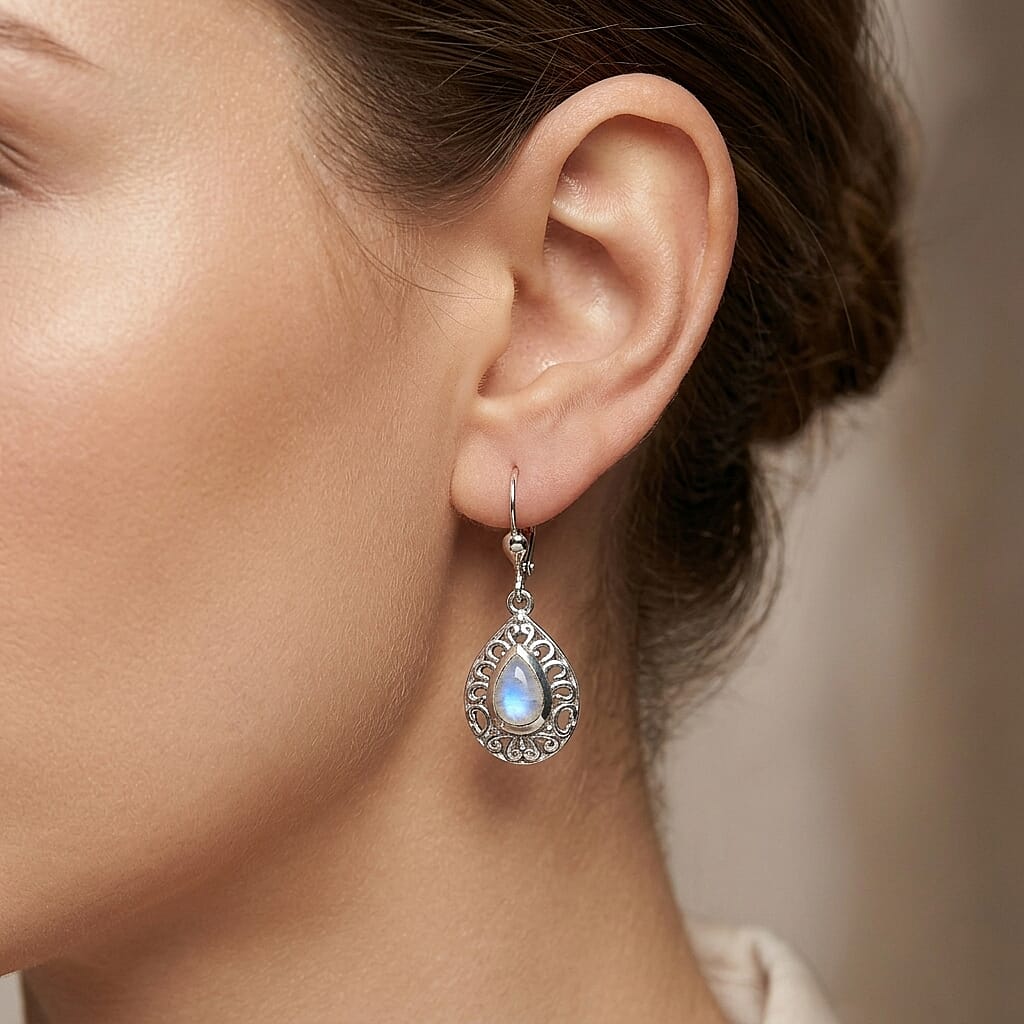 D'Joy Rainbow Moonstone Fancy Earring in Rhodium OverlaySterling Silver  1.084  Ct.