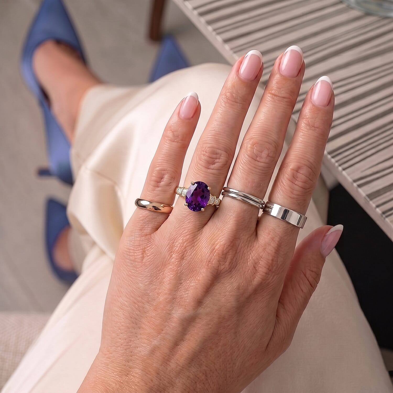 D'Joy - Moroccan Amethyst & Natural White Diamond Ring in 18K Vermeil Yellow Gold Plated Sterling Silver 2.70 Ct.