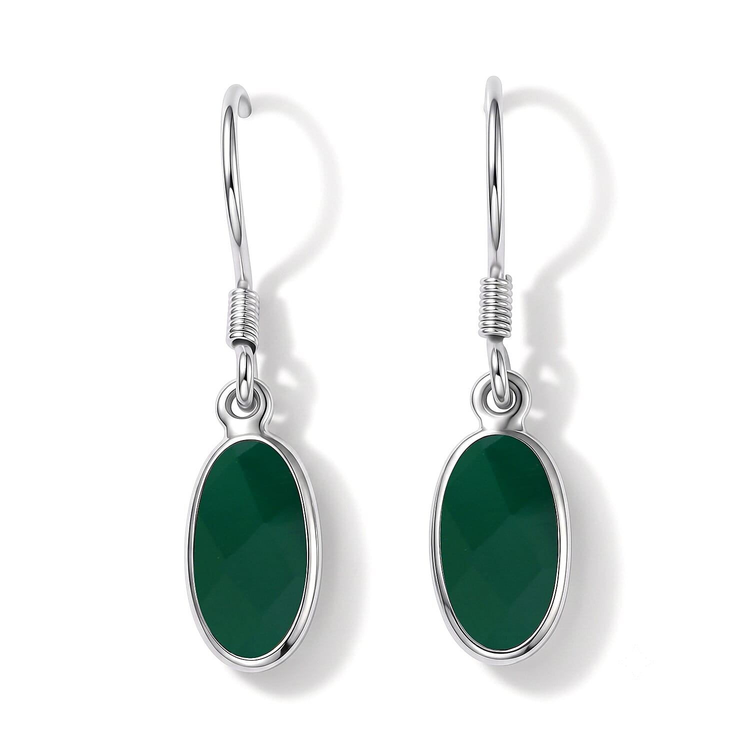 Green Onyx Solitaire Earring with Hook in Sterling Silver 4.06 Ct.