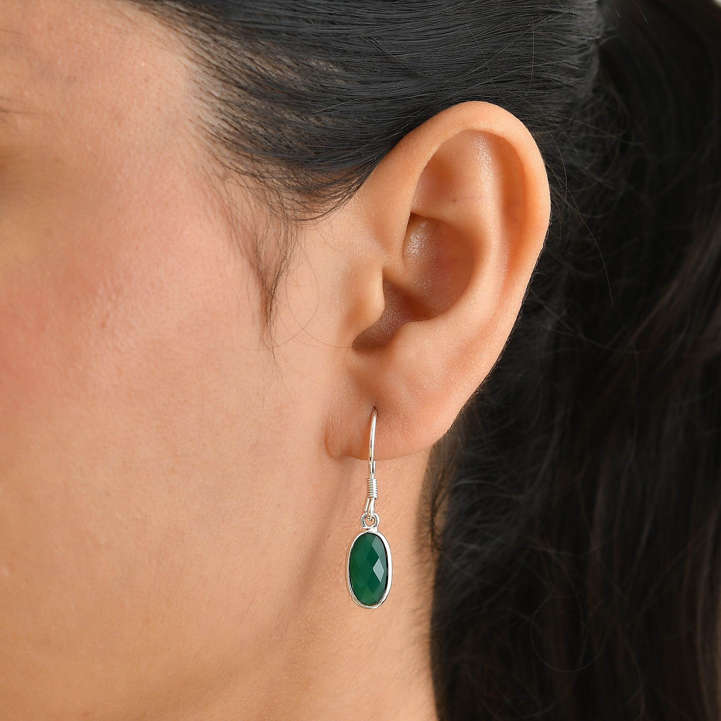 Green Onyx Solitaire Earring with Hook in Sterling Silver 4.06 Ct.