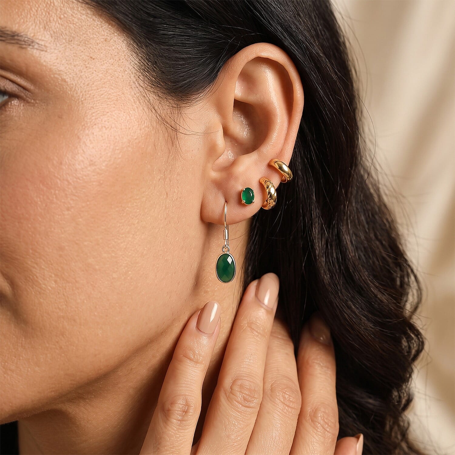 Green Onyx Solitaire Earring with Hook in Sterling Silver 4.06 Ct.
