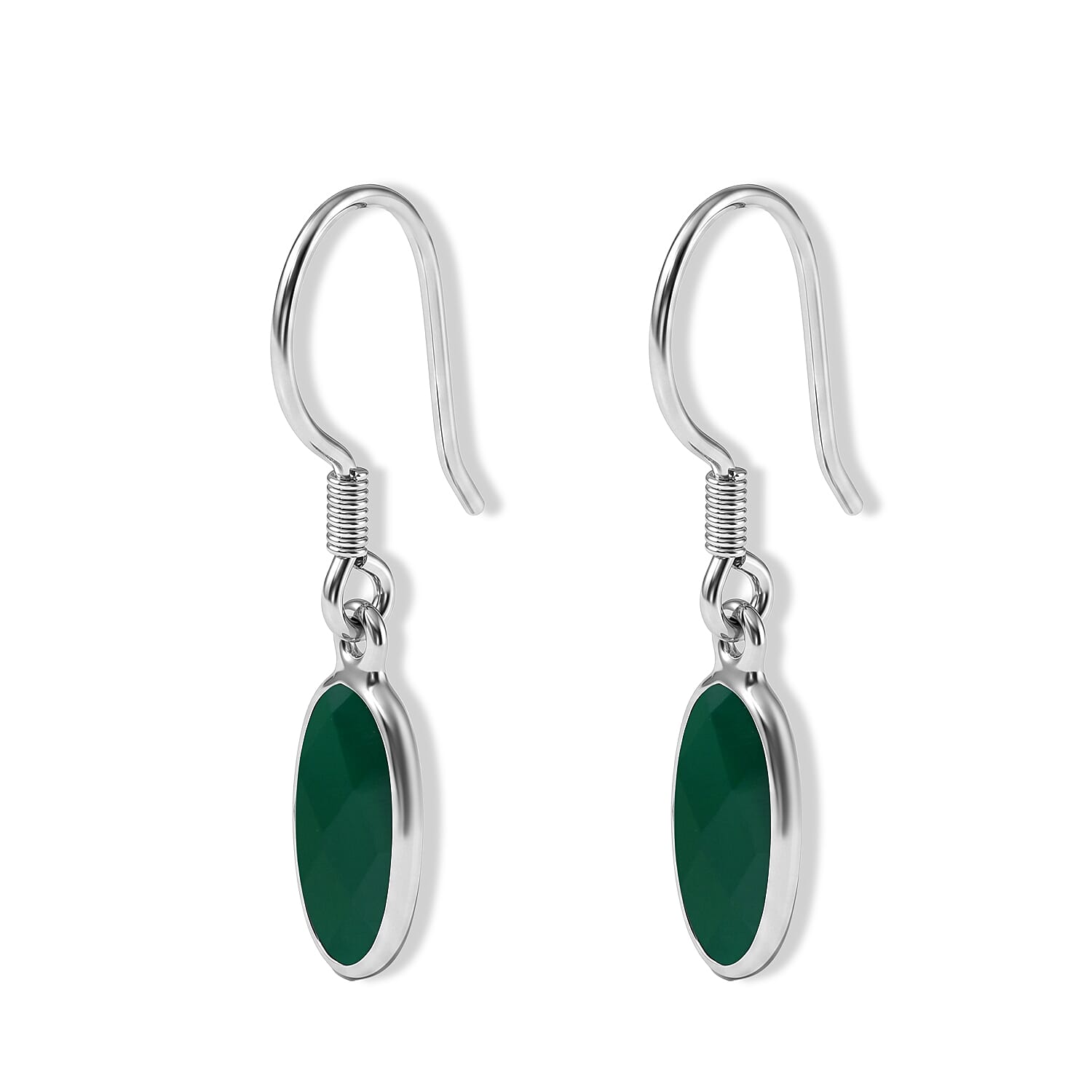 Green Onyx Solitaire Earring with Hook in Sterling Silver 4.06 Ct.
