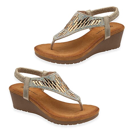 Dunlop Womens Abigail Toe Post Wedge Sandals With Elasticated Ankle Strap (Size 4) - Light Gold