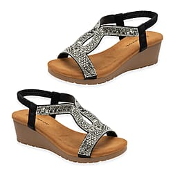 Dunlop Womens Verona Diamante T-Bar Strap Open-Toe Wedge Sandals With Elasticated Slingback 