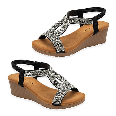 Dunlop Womens Verona Diamante T-Bar Strap Open-Toe Wedge Sandals With Elasticated Slingback (Size 3) - Black