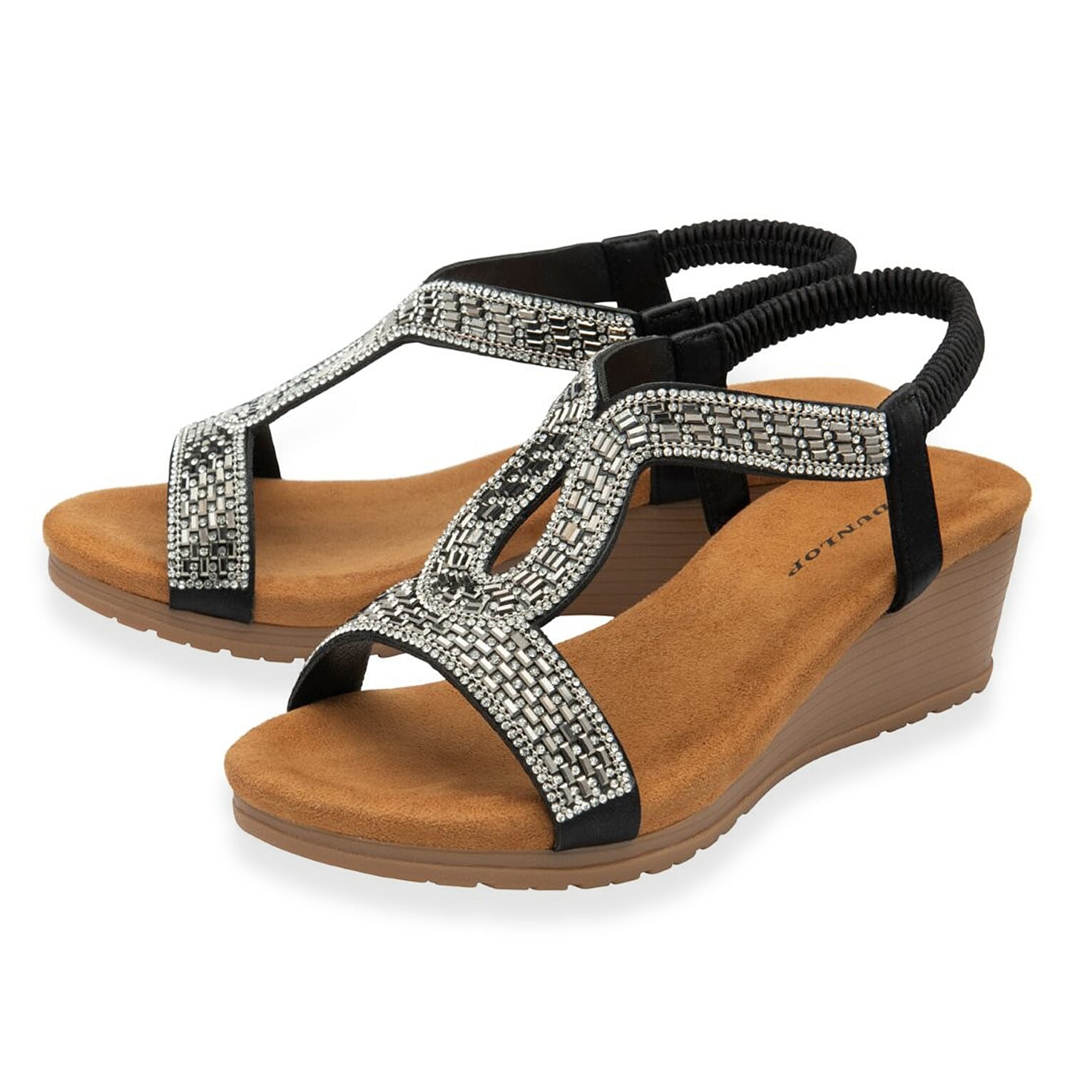 Dunlop Womens Verona Diamante T-Bar Strap Open-Toe Wedge Sandals With Elasticated Slingback 
