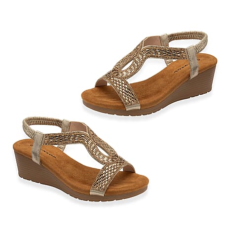 Dunlop Womens Verona Diamante T-Bar Strap Open-Toe Wedge Sandals With Elasticated Slingback (Size 5) - Light Gold