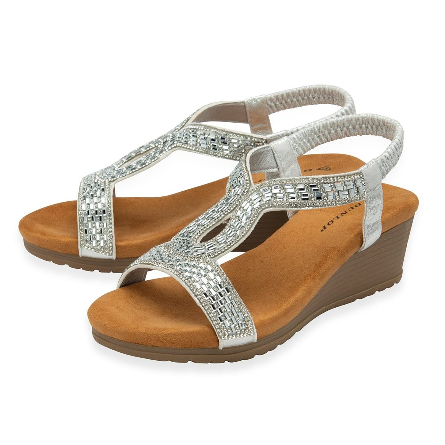 Dunlop Womens Verona Diamante T-Bar Strap Open-Toe Wedge Sandals With Elasticated Slingback 