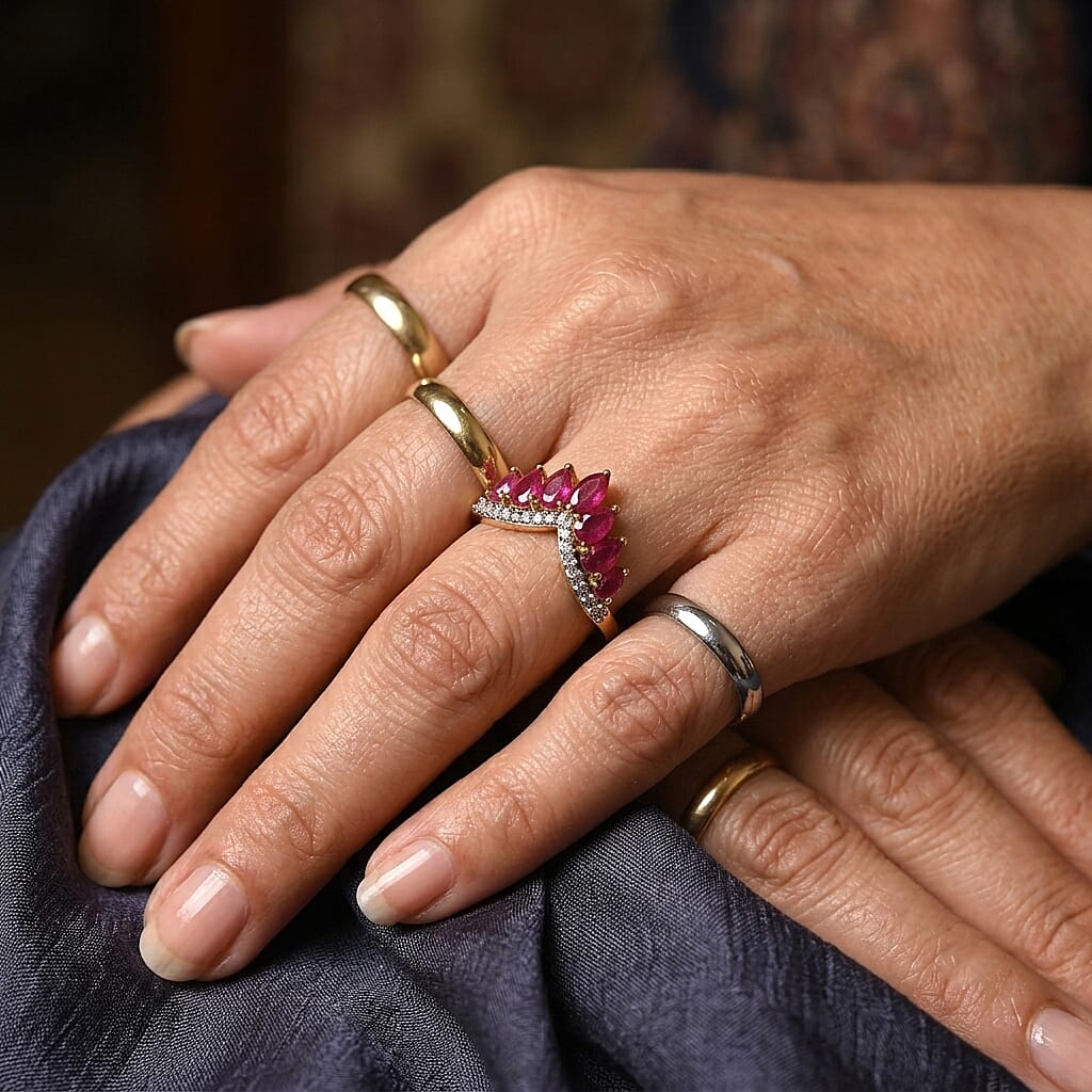 D'Joy - African Ruby & White Zircon Wishbone Ring in Yellow Gold Plated Sterling Silver 2.56 Ct.