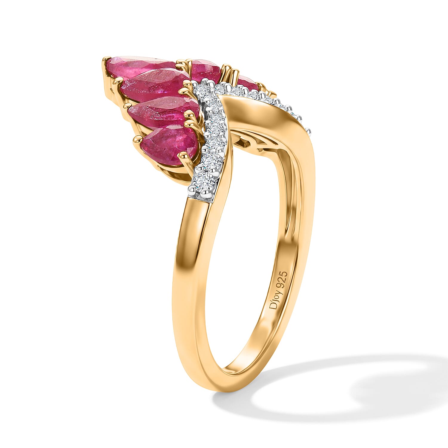 D'Joy - African Ruby & White Zircon Wishbone Ring in Yellow Gold Plated Sterling Silver 2.56 Ct.