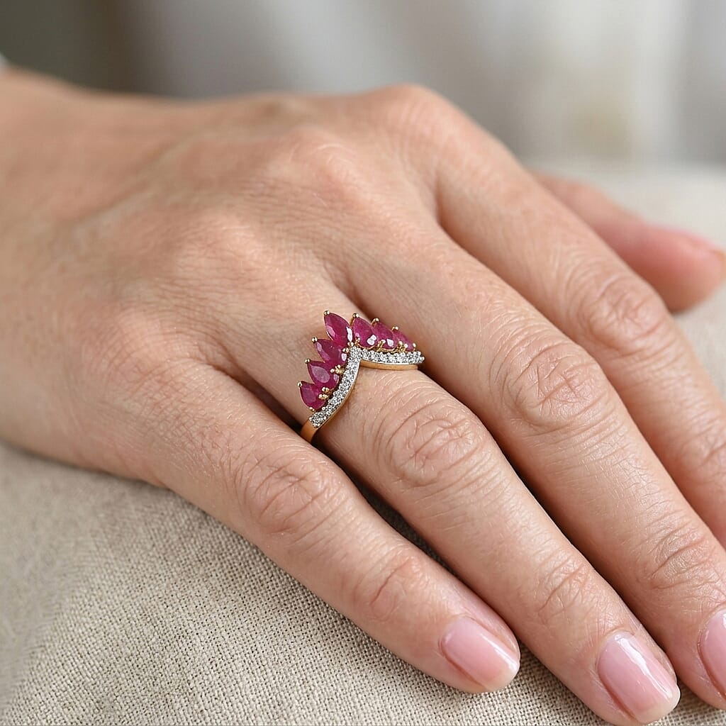 D'Joy - African Ruby & White Zircon Wishbone Ring in Yellow Gold Plated Sterling Silver 2.56 Ct.