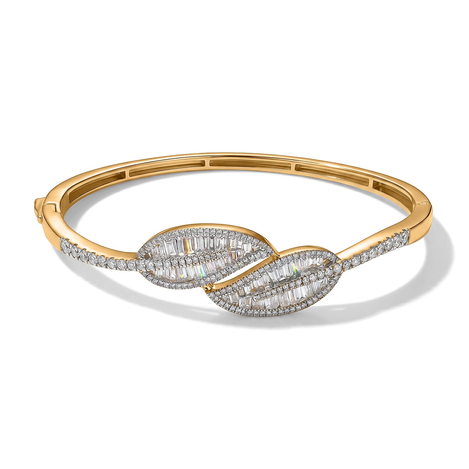 Luxuriant - Lab Grown Diamond (SI-G-H) Leaf Bypass Bangle (Size - 7.5) in 18K Vermeil Yellow Gold Plated Sterling Silver 3.50 Ct, Silver Wt. 20.40 Gms
