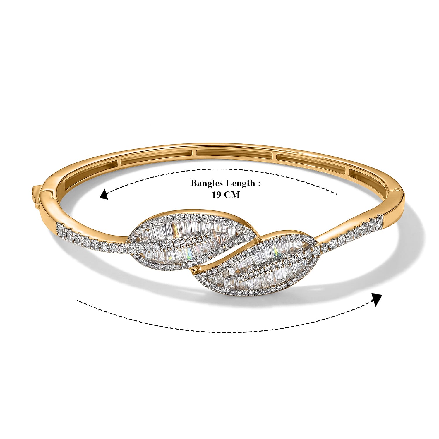 Luxuriant - Lab Grown Diamond (SI-G-H) Leaf Bypass Bangle (Size - 7.5) in 18K Vermeil Yellow Gold Plated Sterling Silver 3.50 Ct, Silver Wt. 20.40 Gms
