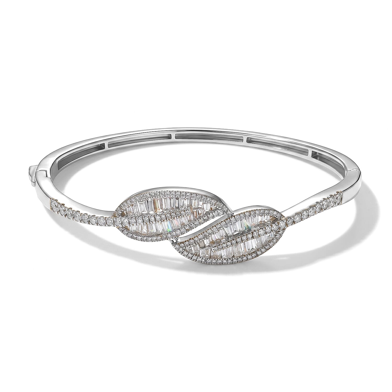 Luxuriant - Lab Grown Diamond (SI-G-H) Leaf Bypass Bangle (Size - 7.5) in Rhodium Overlay Sterling Silver 3.50 Ct, Silver Wt.20.40 Gms
