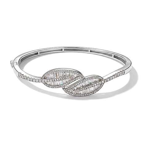 Luxuriant - Lab Grown Diamond (SI-G-H) Leaf Bypass Bangle (Size - 7.5) in Rhodium Overlay Sterling Silver 3.50 Ct, Silver Wt.20.40 Gms