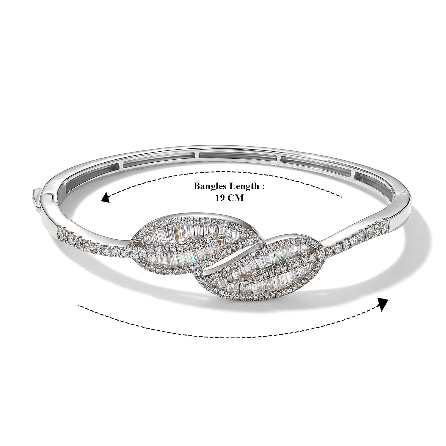 Luxuriant - Lab Grown Diamond (SI-G-H) Leaf Bypass Bangle (Size - 7.5) in Rhodium Overlay Sterling Silver 3.50 Ct, Silver Wt.20.40 Gms