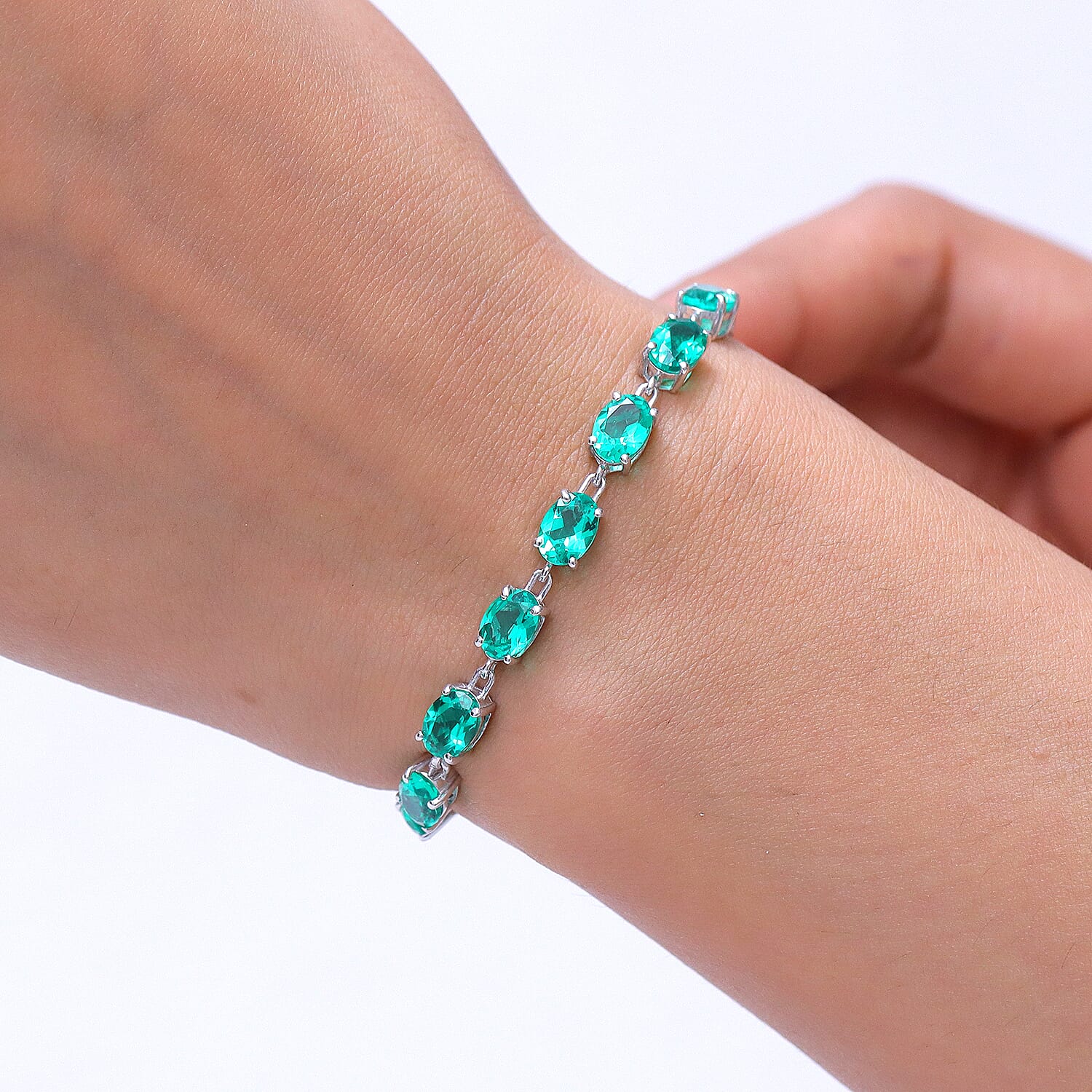 Luxuriant - AAA Lab Grown Columbian Emerald Tennis Bracelet (Size - 7.5) with GB Lock Box in Rhodium Overlay Sterling Silver 13.53 Ct.