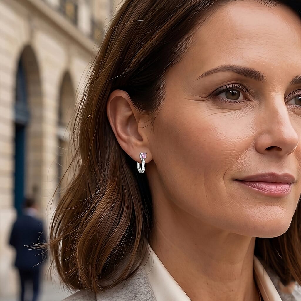D'Joy - Pink Moissanite & Moissanite Hoop Earring with Clasp in Rhodium Overlay Sterling Silver 1.14 Ct.