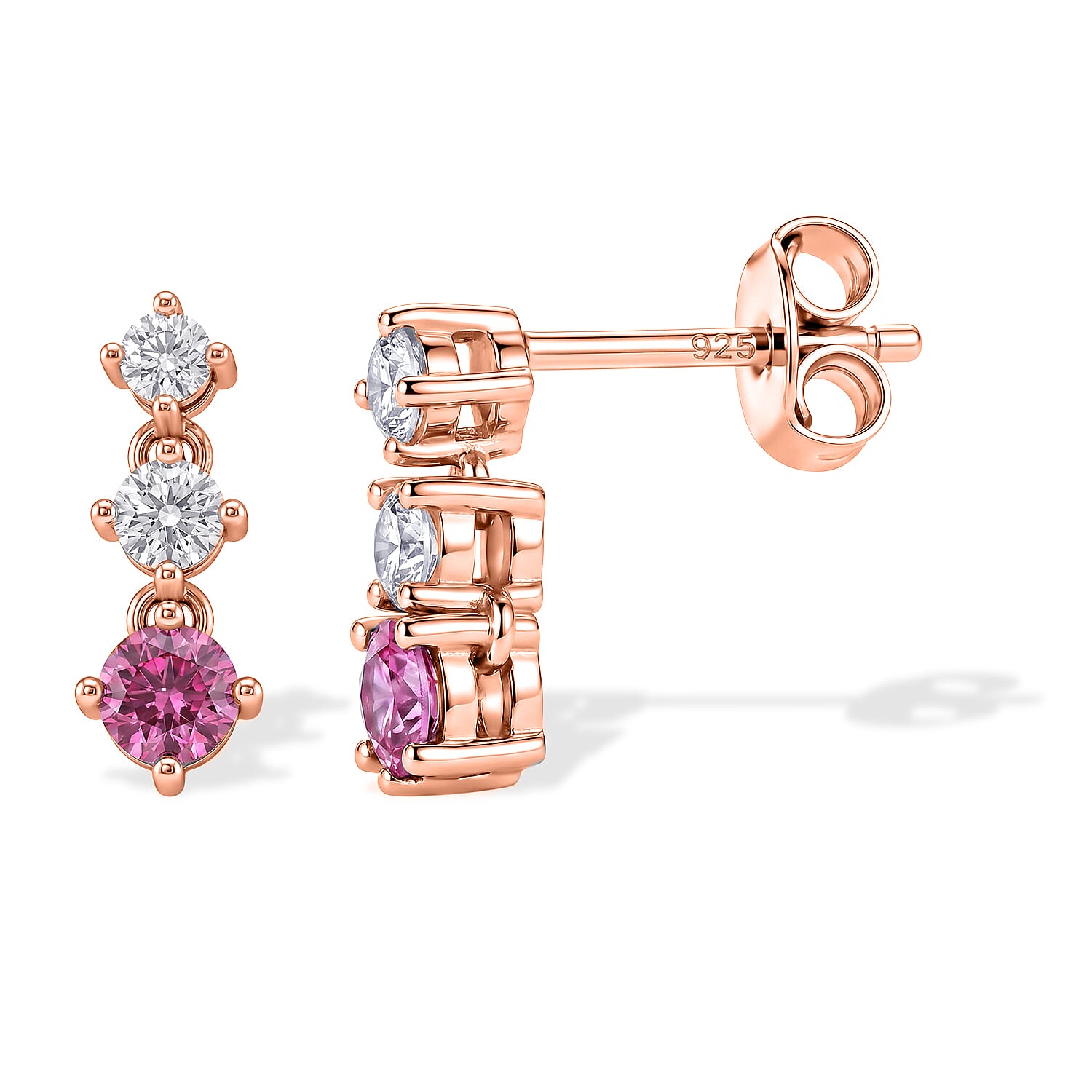 D'Joy - Pink Moissanite & Moissanite Drop Earring with Push Back in Rose Gold Plated Sterling Silver