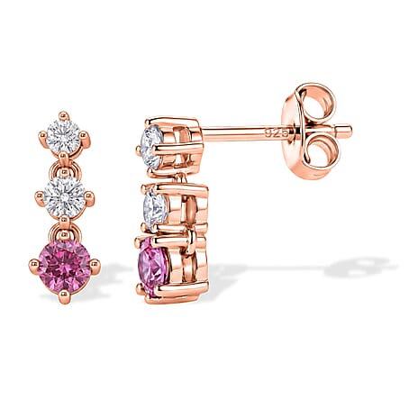 D'Joy - Pink Moissanite & Moissanite Drop Earring with Push Back in Rose Gold Plated Sterling Silver