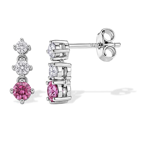 D'Joy - Pink Moissanite & Moissanite Drop Earring with Push Back in Rhodium Overlay Sterling Silver