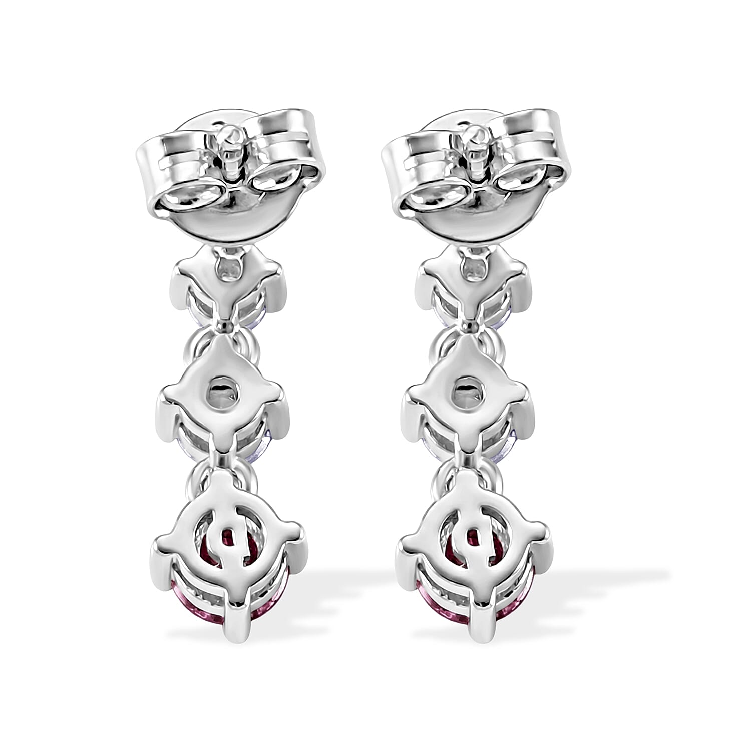 D'Joy - Pink Moissanite & Moissanite Drop Earring with Push Back in Rhodium Overlay Sterling Silver