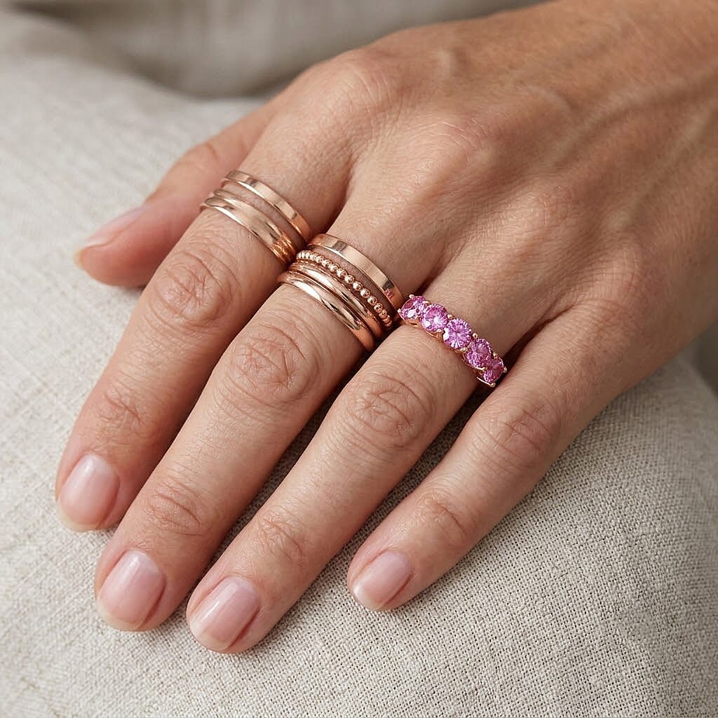 D'Joy - Pink Moissanite 5 Stone Band Ring in Rose Gold Plated Sterling Silver 2.25 Ct.
