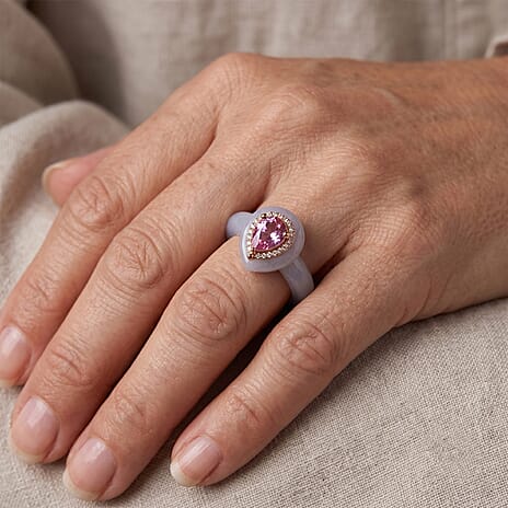 D'Joy - White Jade, Moissanite & Pink Moissanite Halo Band Ring in Rose Gold Plated Sterling Silver 22.37 Ct.