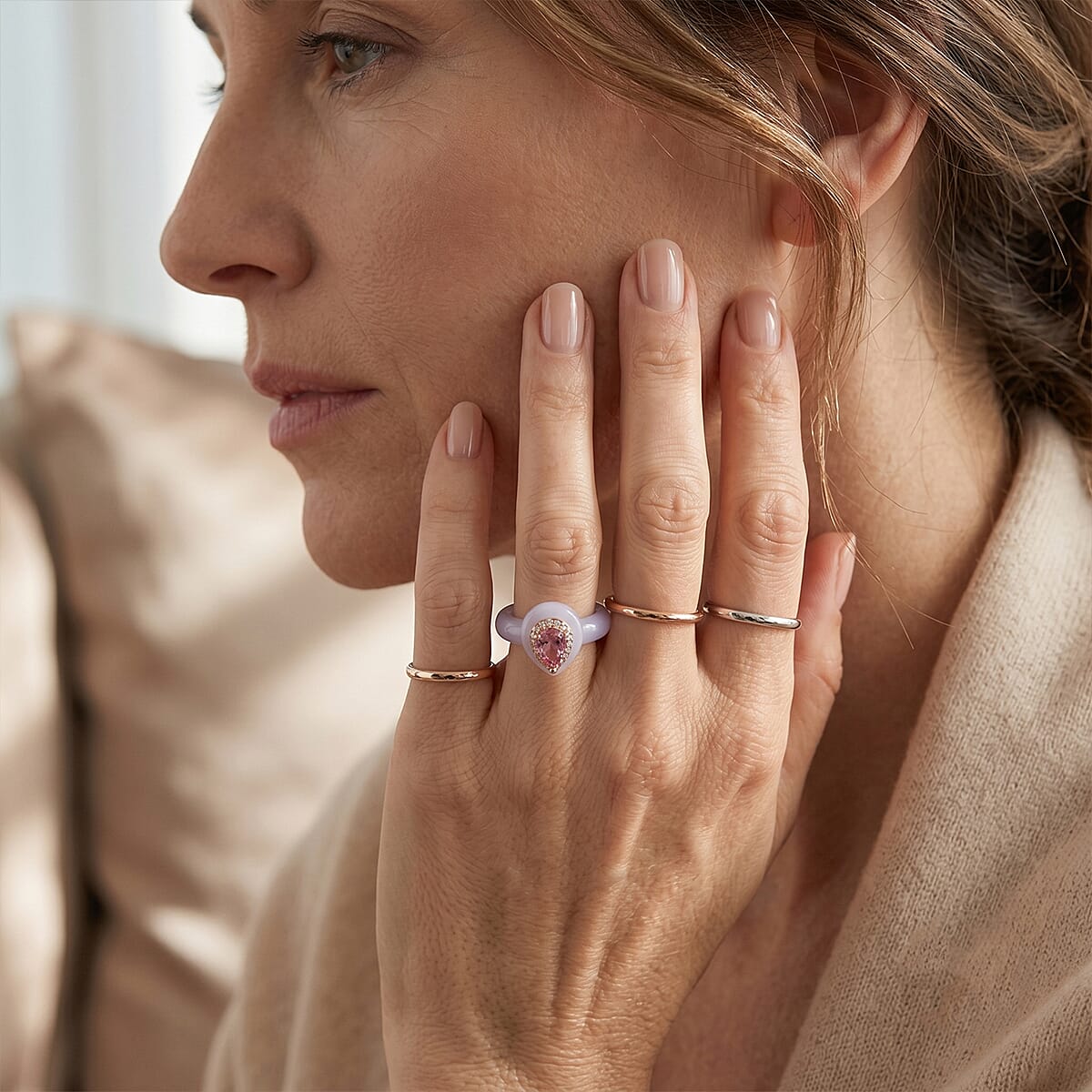 D'Joy White Jade, Moissanite, Pink Moissanite Fancy Ring Sterling Silver  31.290  Ct.