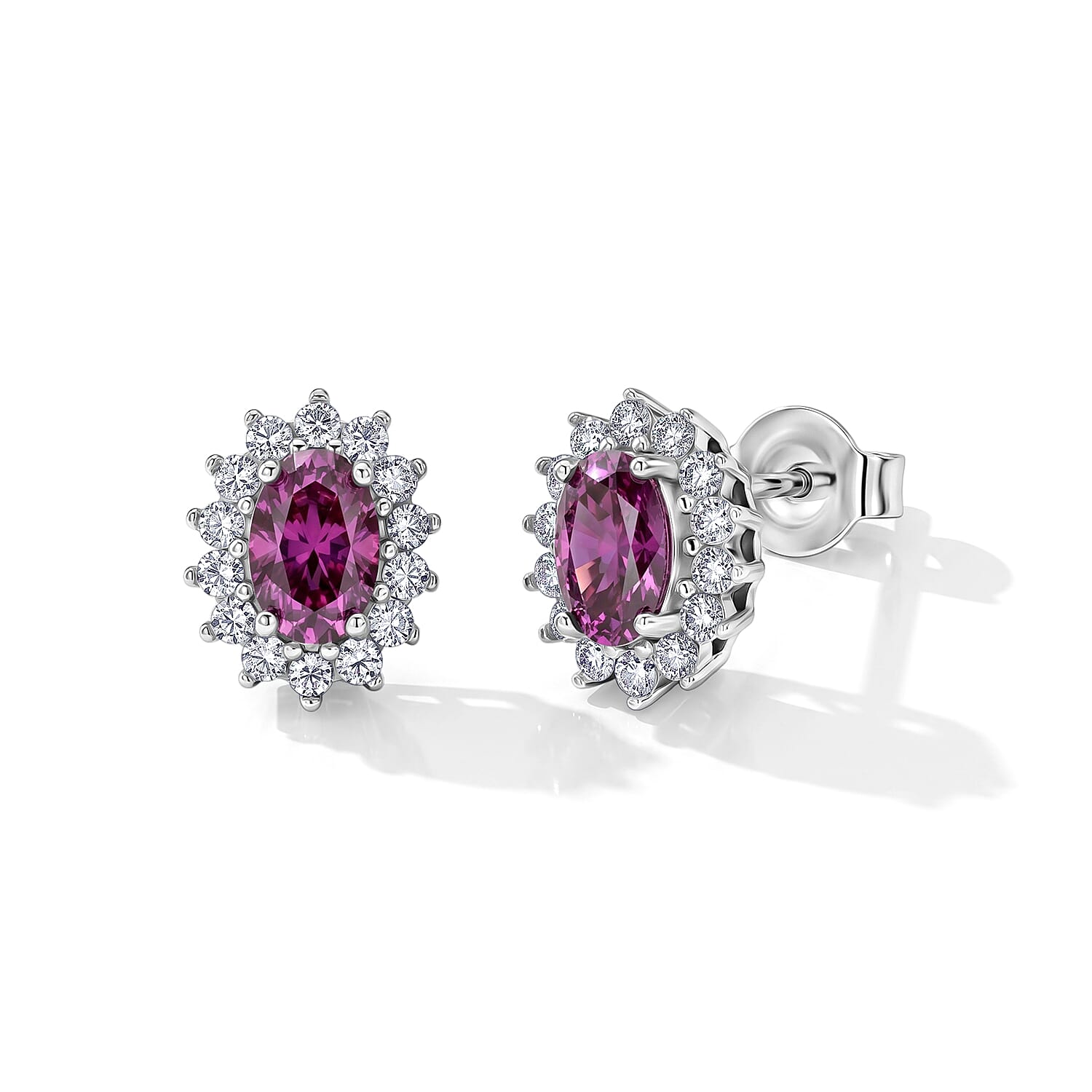 D'Joy - Pink Moissanite & Moissanite Halo Earring with Push Back in Rhodium Overlay Sterling Silver 1.32 Ct.