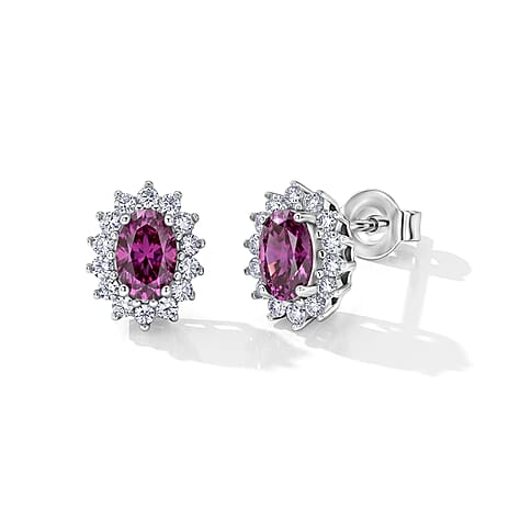 D'Joy - Pink Moissanite & Moissanite Halo Earring with Push Back in Rhodium Overlay Sterling Silver 1.32 Ct.