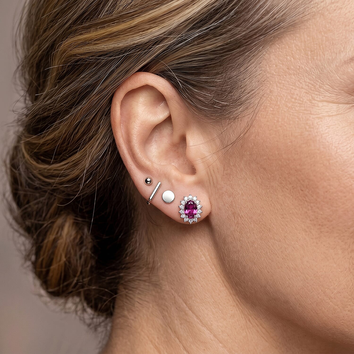 D'Joy - Pink Moissanite & Moissanite Halo Earring with Push Back in Rhodium Overlay Sterling Silver 1.32 Ct.