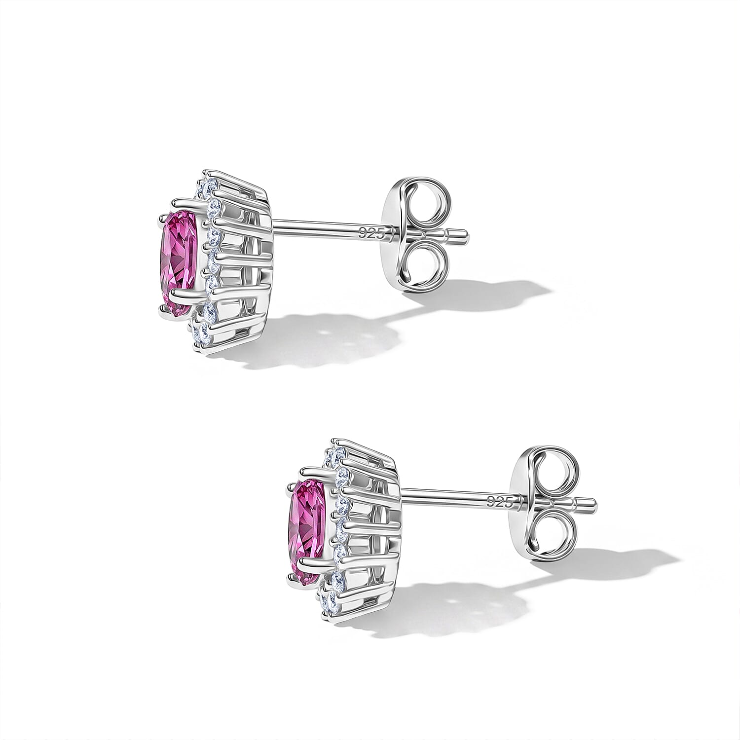 D'Joy - Pink Moissanite & Moissanite Halo Earring with Push Back in Rhodium Overlay Sterling Silver 1.32 Ct.