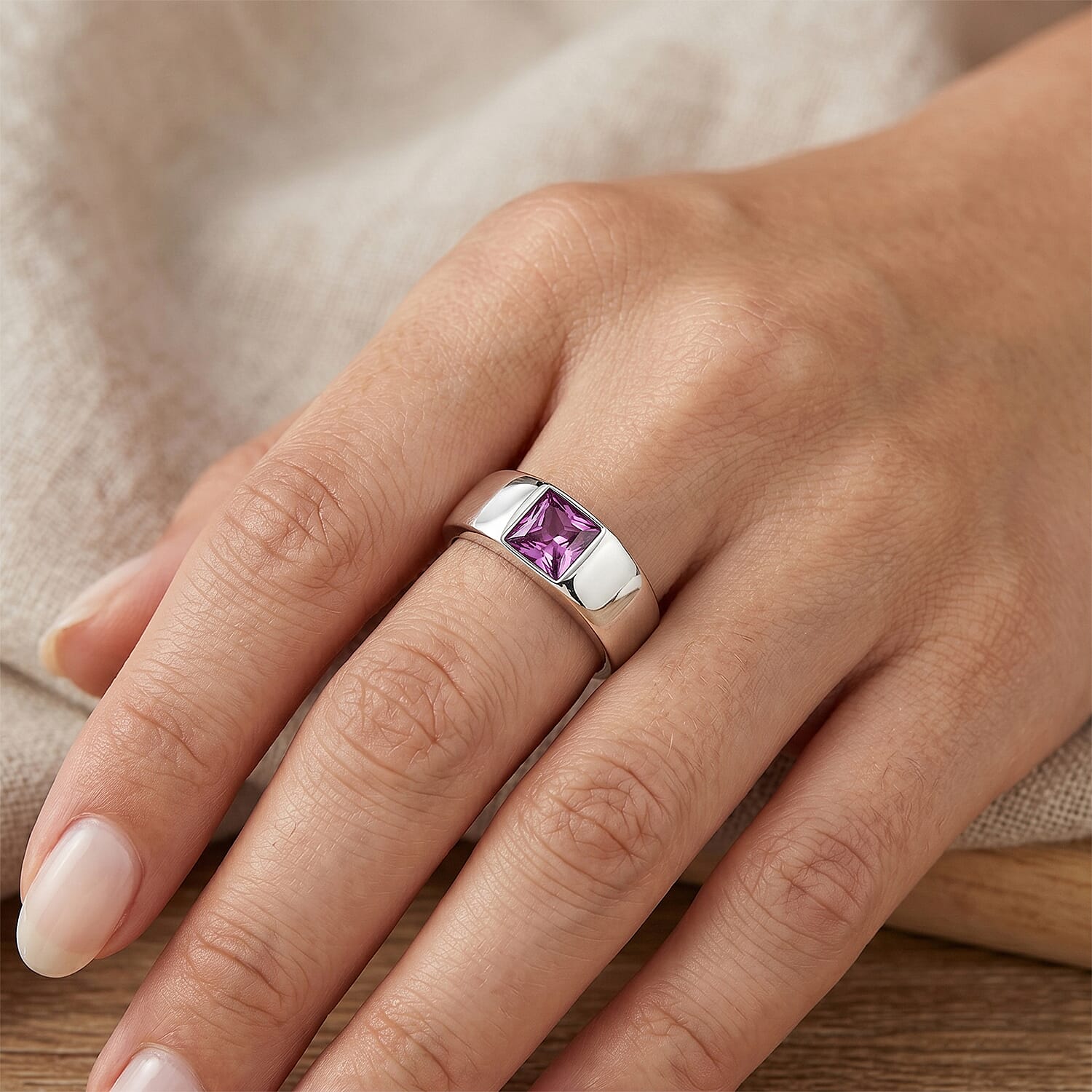 D'Joy - Pink Moissanite Band Ring in Rhodium Overlay Sterling Silver