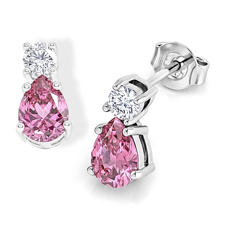 D'Joy - Pink Moissanite & Moissanite Drop Earring with Push Back in Rhodium Overlay Sterling Silver 1.88 Ct.