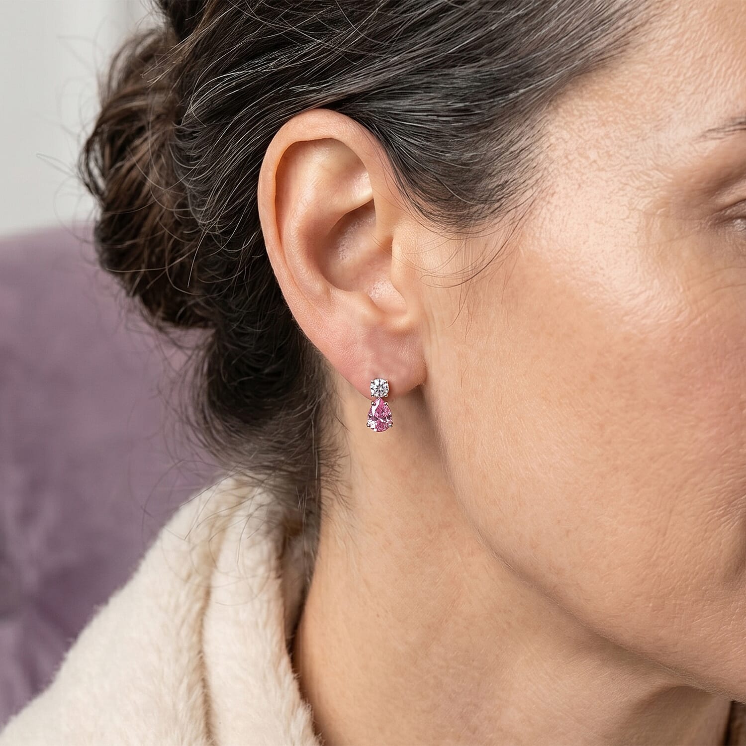 D'Joy - Pink Moissanite & Moissanite Drop Earring with Push Back in Rhodium Overlay Sterling Silver 1.88 Ct.