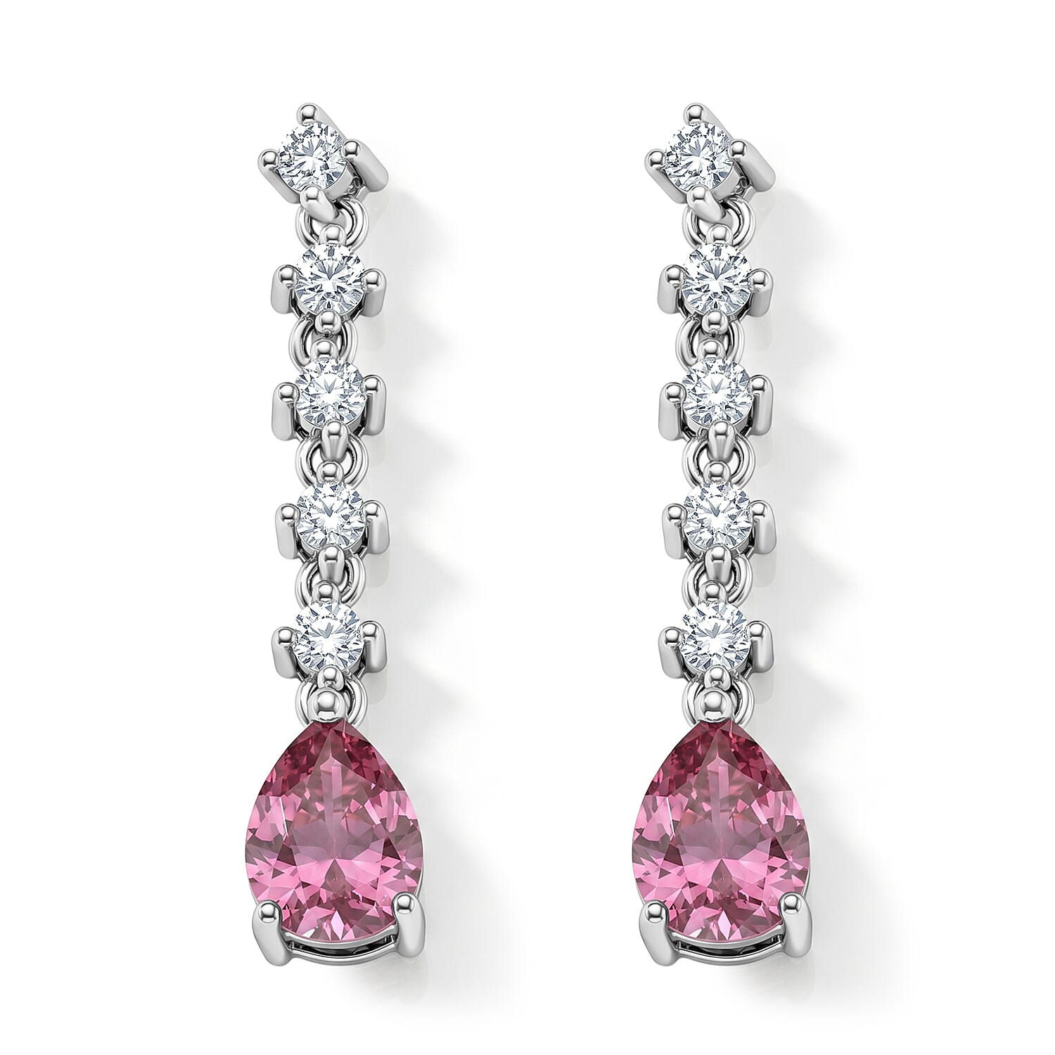D'Joy - Pink Moissanite & Moissanite Drop Earring with Push Back in Rhodium Overlay Sterling Silver 3.00 Ct.