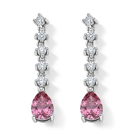 D'Joy - Pink Moissanite & Moissanite Drop Earring with Push Back in Rhodium Overlay Sterling Silver 3.00 Ct.