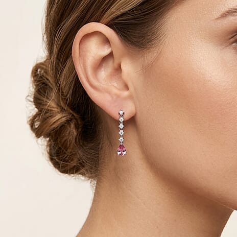D'Joy - Pink Moissanite & Moissanite Drop Earring with Push Back in Rhodium Overlay Sterling Silver 3.00 Ct.