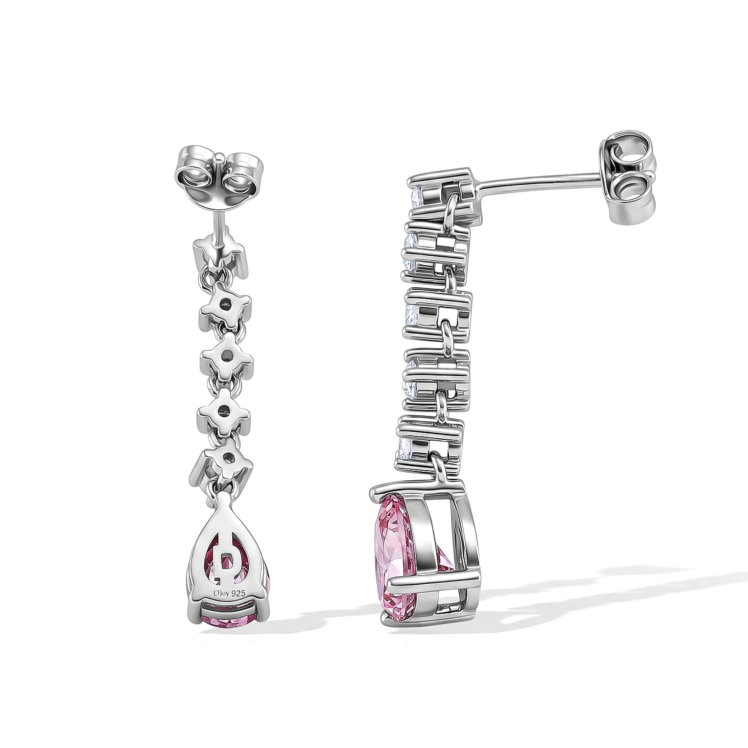 D'Joy - Pink Moissanite & Moissanite Drop Earring with Push Back in Rhodium Overlay Sterling Silver 3.00 Ct.