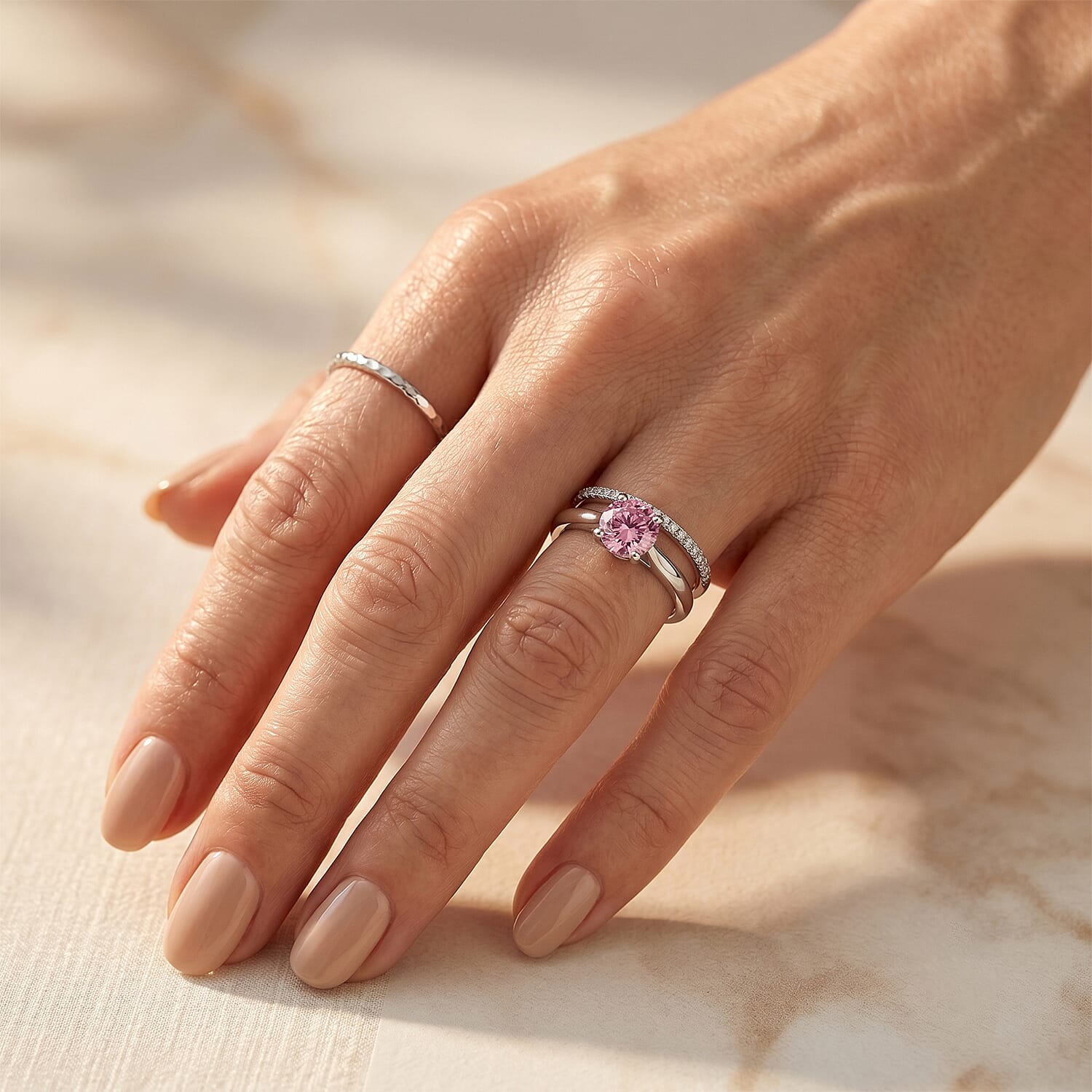 D'Joy - Pink Moissanite Solitaire Ring in Rhodium Overlay Sterling Silver