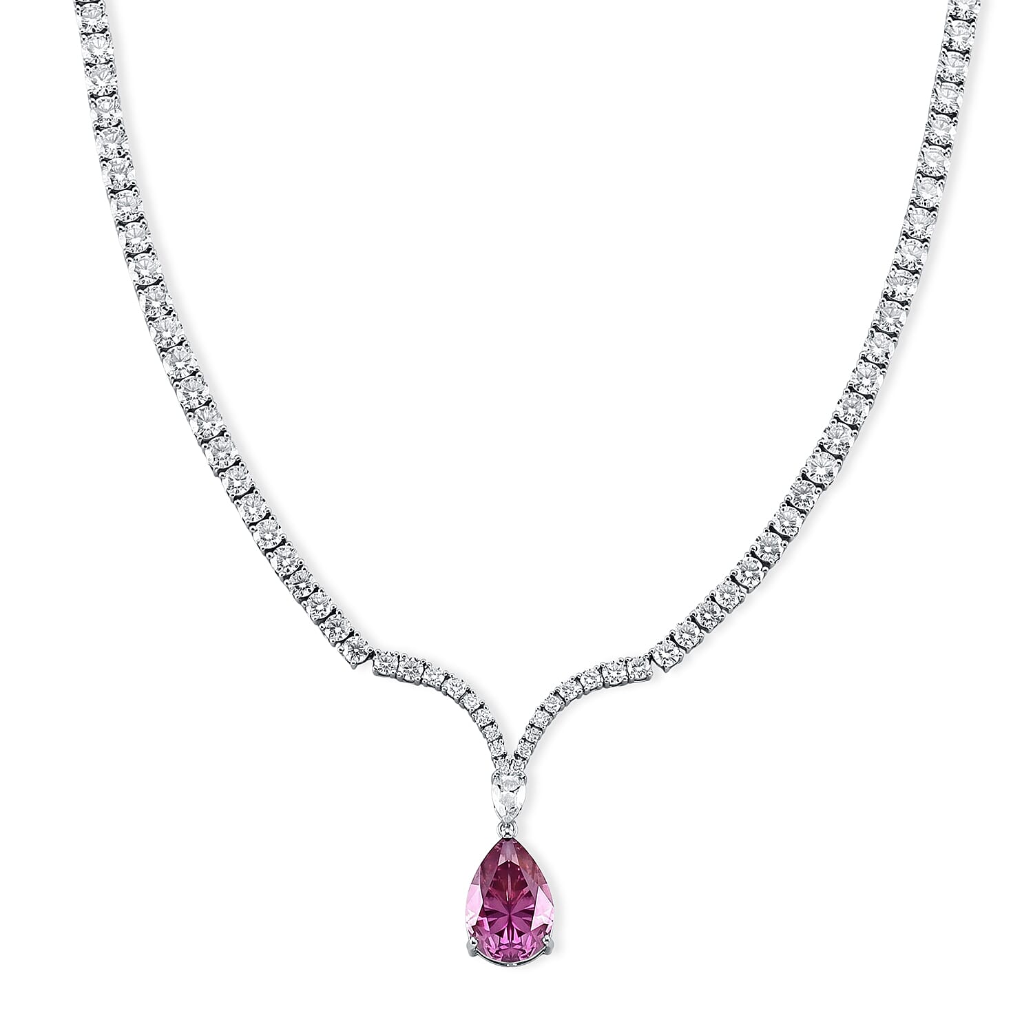 D'Joy - Pink Moissanite & Moissanite Drop Necklace (Size - 18) in Rhodium Overlay Sterling Silver 52.28 Ct, Silver Wt. 28.00 Gms