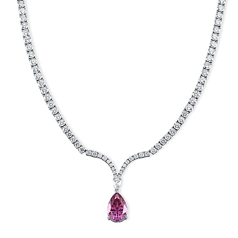 D'Joy - Pink Moissanite & Moissanite Drop Necklace (Size - 18) in Rhodium Overlay Sterling Silver 52.28 Ct, Silver Wt. 28.00 Gms