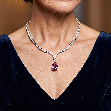 D'Joy - Pink Moissanite & Moissanite Drop Necklace (Size - 18) in Rhodium Overlay Sterling Silver 52.28 Ct, Silver Wt. 28.00 Gms